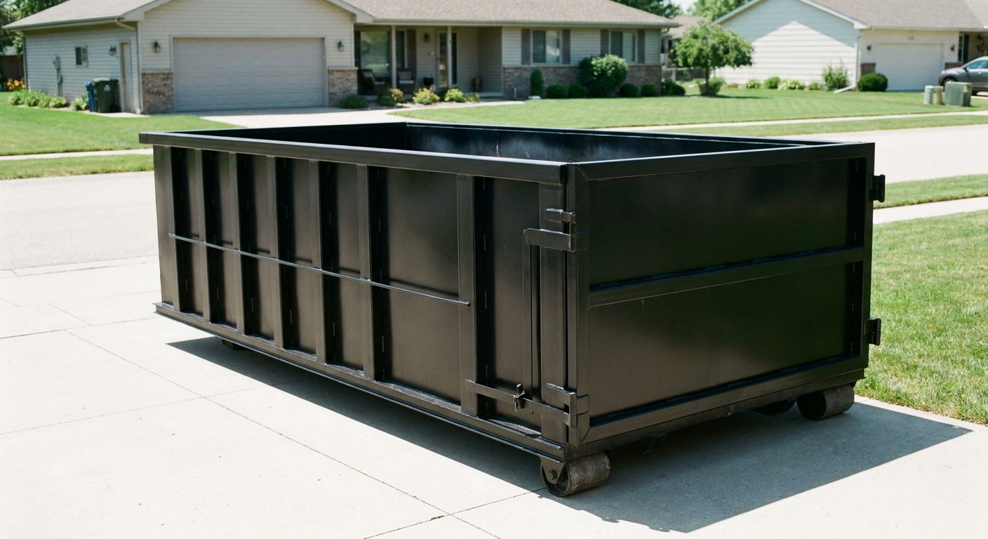 Matte-black 10-yard roll-off dumpster on a residential concrete driveway in Dallas, uniformly painted matte black across every panel and rail, ribbed steel sidewalls and rear swing door visible, mid-day daylight.
