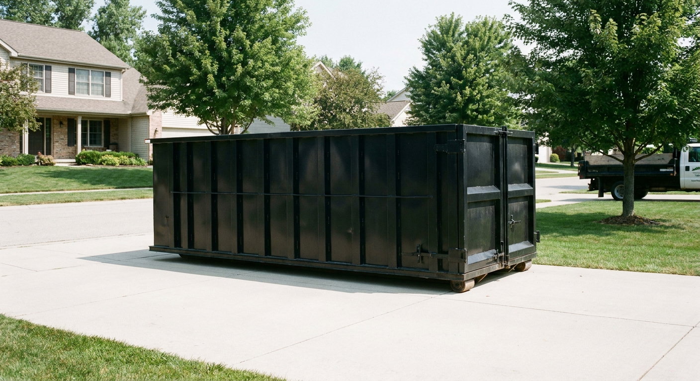 Matte-black 20-yard roll-off dumpster sitting level on a clean Dallas residential concrete driveway under bright daylight, demonstrating clean placement directly on the concrete.