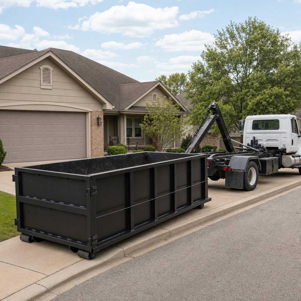 Wide documentary shot of a matte-black roll-off dumpster on a Dallas residential driveway in the foreground and a contractor jobsite container in the soft-focus background, bright daylight, calm and orderly composition.