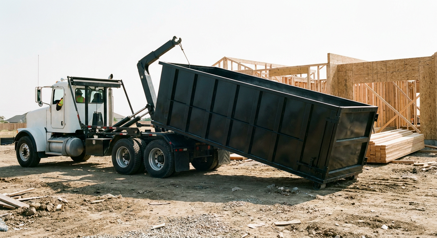 Matte-black roll-off dumpster being delivered onto a clean residential concrete driveway in Dallas by an unmarked white hooklift hauler truck, bright morning daylight, documentary 35mm perspective.